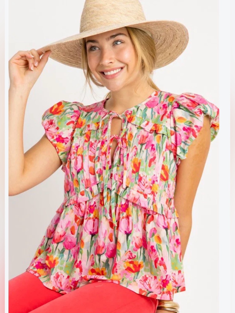 ENTRO Puff Sleeve Tulips Ruffle Top - Small